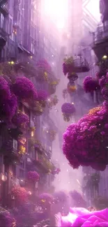 Enchanting fantasy alley with vibrant purple flowers.