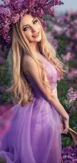 Woman in lilac dress surrounded by purple flowers in a serene natural scene.