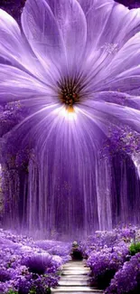 Enchanting purple flower towering over scenic path in fantasy garden.