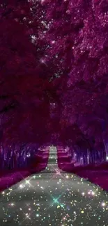 Enchanting purple forest path with sparkles.