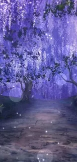 Mystical purple forest path with enchanting wisteria blossoms.