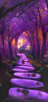 Mystical purple forest with glowing path.