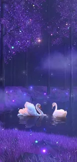 Enchanting purple forest with glowing swans at night.