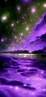 Purple galaxy waves with glowing stars in a fantasy night sky.