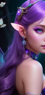 Purple haired elf with butterflies in a mystical fantasy setting.