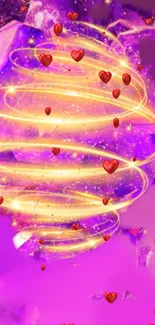 Beautiful purple wallpaper with hearts and golden spirals.