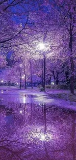 Enchanting purple nightscape with park reflection.