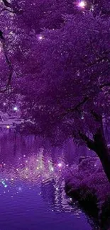 Purple nightscape with glowing trees by a calm lake.