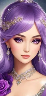 Purple haired anime princess with elegant jewelry in digital art style.