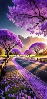 Purple road lined with blossoming trees under a sunset sky.