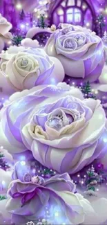 Purple roses in a mystical, enchanted garden wallpaper.