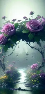 Mysterious arch of purple roses over a misty pathway.