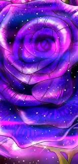 Vivid purple rose with glowing petals and cosmic background.