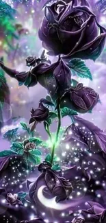 Enchanting purple roses with glowing lights on a mobile wallpaper.