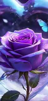 A vibrant purple rose with a blue butterfly in a nature-inspired wallpaper.