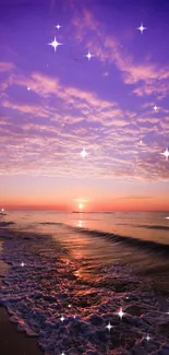 Purple sunset beach with twinkling stars.