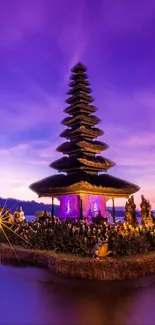 Purple temple at sunset in Bali, showcasing scenic beauty.