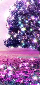 Magical landscape with a sparkling purple tree and starry night sky.