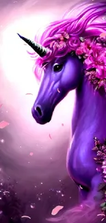 Beautiful purple unicorn with flowers in a cosmic background.