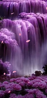 Mystical purple waterfall with vibrant flowers, creating an ethereal mobile wallpaper.