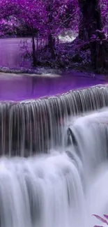 Purple waterfall in a tranquil forest setting for mobile wallpaper.