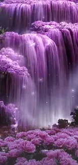 Purple waterfall and flower fantasy wallpaper for mobile.