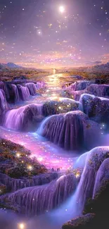 Magical purple waterfalls with a glowing sky.