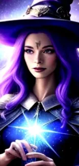 Enchanting purple witch casting a magical spell.