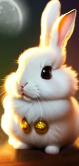 Cute white rabbit under moonlight with golden bells.