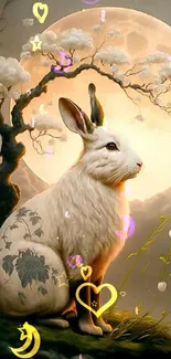 Mystical rabbit under a glowing moon with blossoms in serene landscape.