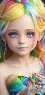 Rainbow-haired fairy with butterflies in fantasy artwork.