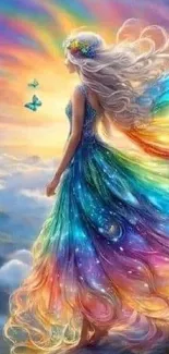 Rainbow fairy in a colorful dress with butterflies and clouds.