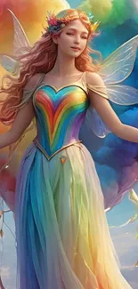 Magical fairy with rainbow dress and wings in a colorful sky.