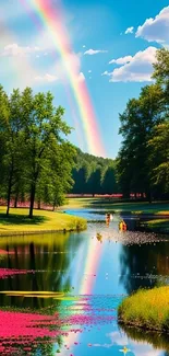 A vibrant rainbow over a serene lake and lush forest.