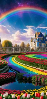 Magical garden with rainbow and castle under a blue sky.