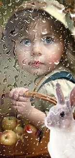 Enchanting rainy day wallpaper with a young girl, rabbit, and apples.