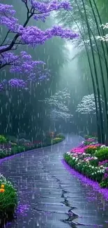 Rainy forest path with vibrant flowers and greenery.