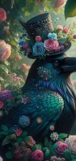 Raven in hat with flowers in magical garden wallpaper.