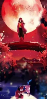 Enchanting red moonlit fantasy wallpaper with vibrant colors.