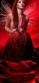 Enchanting red angel with wings, mystical artwork.