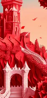 Beautiful red castle illustration with vibrant hue and fantasy elements.