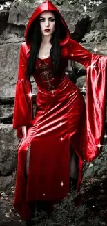 A mysterious figure in a red cloak stands in a forest setting, exuding gothic charm.