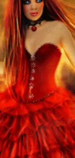 Fantasy art featuring woman in elegant red dress with flowing hair.