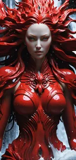 Red fantasy figure before waterfall, ideal mobile wallpaper art.