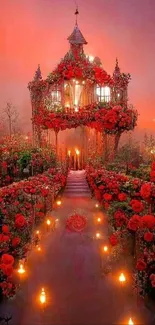 Red floral fantasy wallpaper with glowing path and illuminated pavilion.