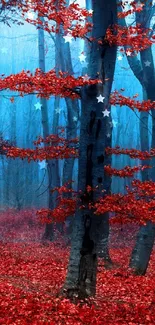 Forest with red leaves and blue mist creates a mystical atmosphere.