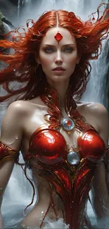 Red-haired goddess amidst a mystical waterfall in fantasy art.