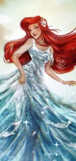 Enchanting mermaid with flowing red hair surrounded by ocean waves.