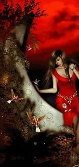 Fantasy art of a woman in red under a mystical red moon.