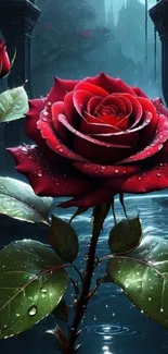 Stunning red rose with dewdrops in a mystical garden.
